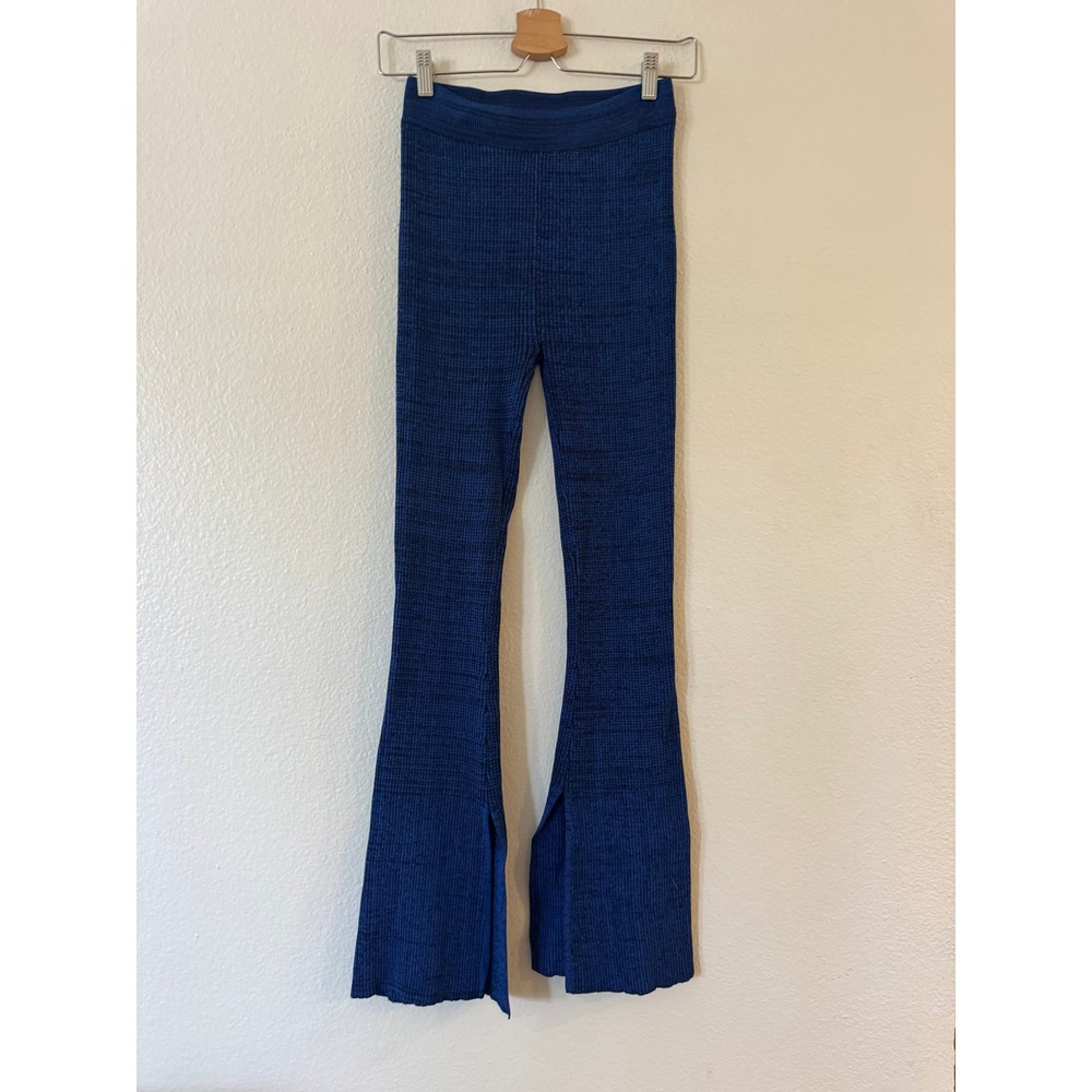 Le Ore Knit Flare Pants Side Slit Ribbed Highâ Waist Small Blue Excellent